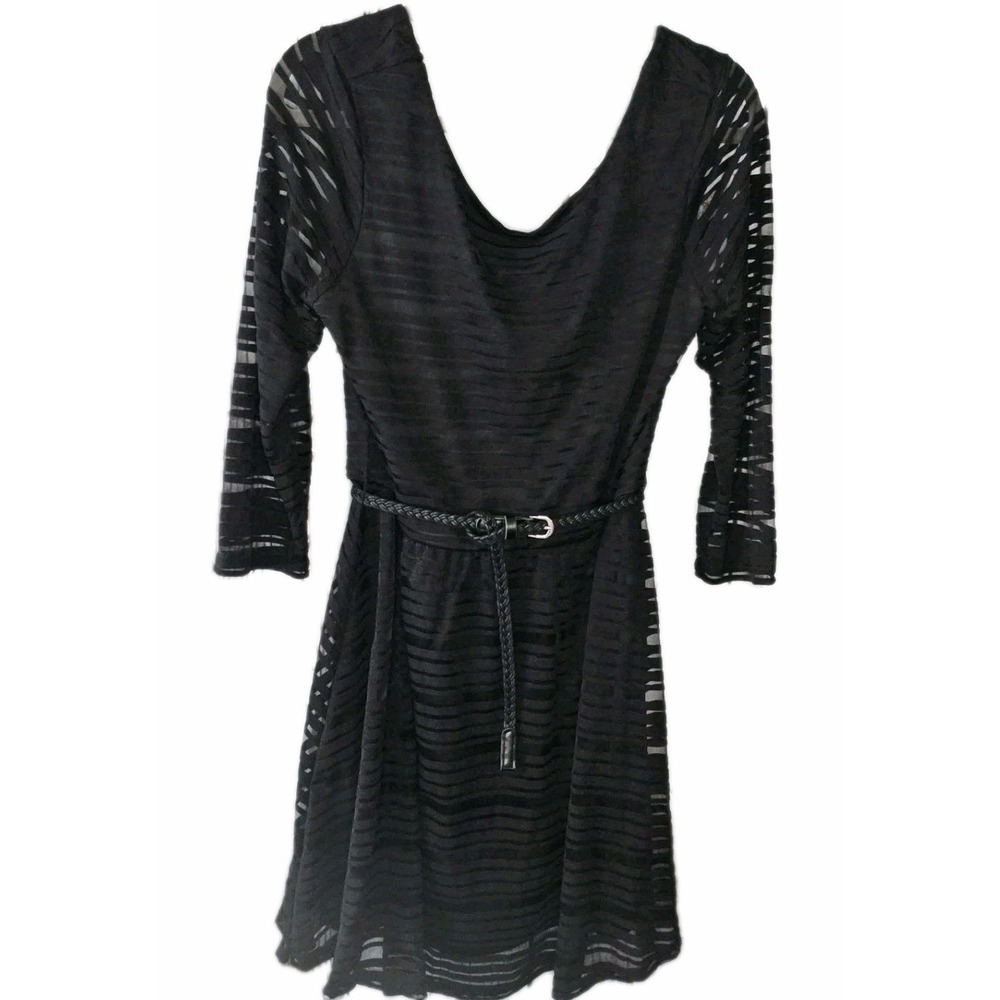 Women's Lily Rose Black 3/4 Sleeve Scoop Neck Braided Belt Mini Dress Size Large